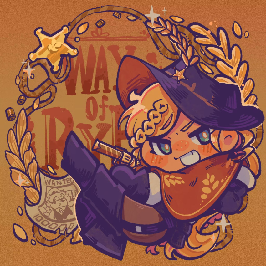 1girl, aqua_eyes, arm_rest, black_footwear, black_gloves, black_hat, blonde_hair, boots