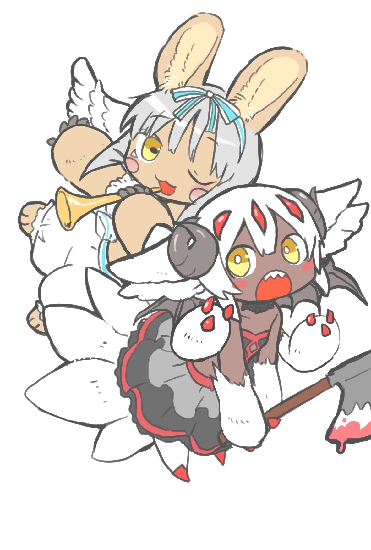 1girl, 1other, :3, angel, angel_wings, animal_ears, axe, black_shirt