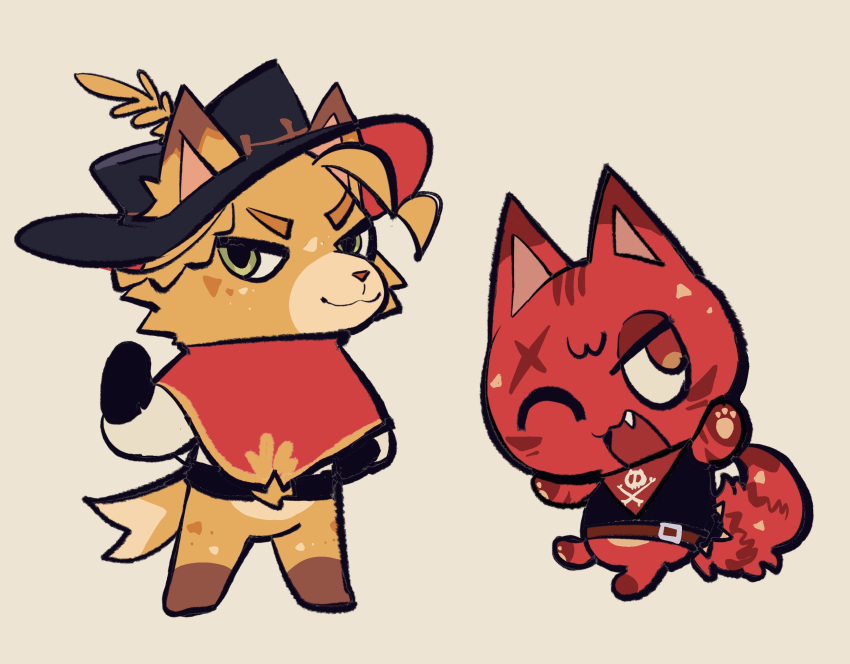 2girls, animal_crossing, bandana, bandana_around_neck, belt, black_hat, black_vest, cat, chibi, chibi_only, chili_pepper_cookie, chinese_commentary, cloak, commentary, cookie_run, dog, fang, full_body, furrification, furry, hat, highres, multiple_girls, one_eye_closed, red_bandana, red_cloak, red_fur, reverse_trap, rye_cookie, shuaige_tang_tian_suo, sideways_glance, simple_background, skull_print, vest, yellow_background, yellow_fur