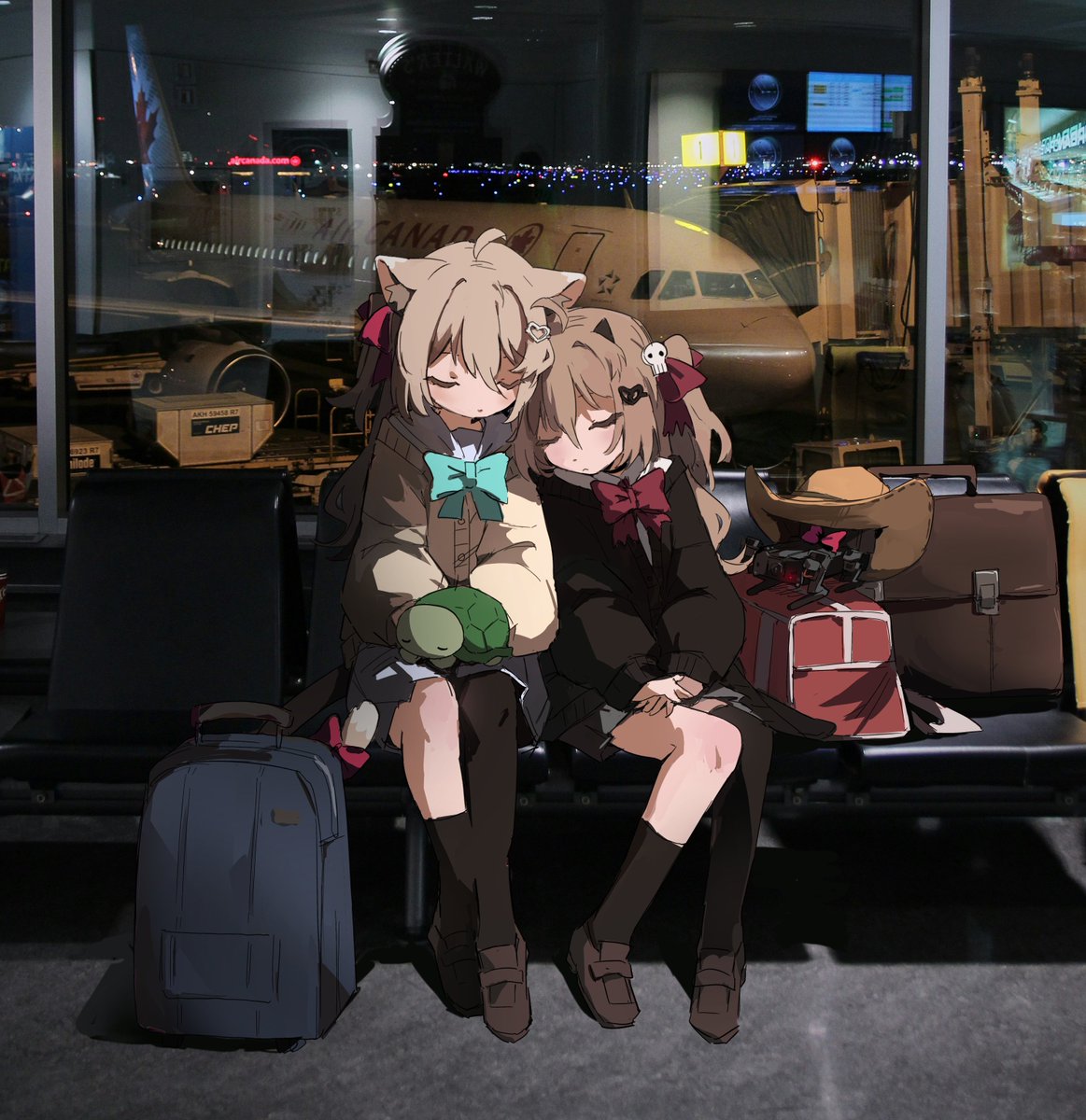 1boy, 2girls, aircraft, airplane, animal_ear_fluff, animal_ears, animal_on_lap, aqua_neckerchief