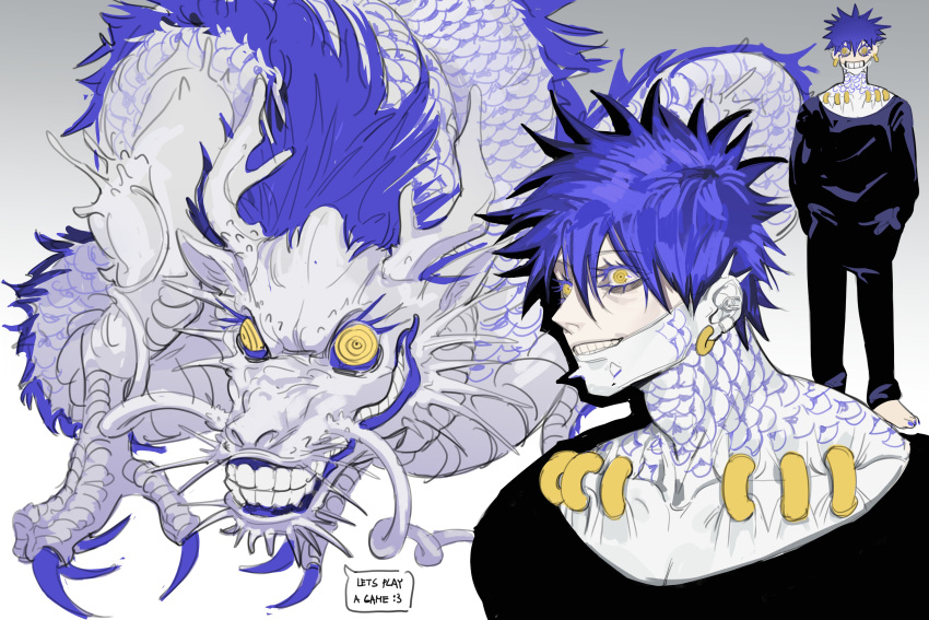 1boy, absurdres, black_shirt, blue_hair, colored_eyelashes, dragon, earrings, eastern_dragon, english_text, gradient_background, grey_background, grin, hands_in_pockets, highres, iba_(kcokaine), jewelry, male_focus, multiple_views, original, ringed_eyes, shirt, short_hair, smile, yellow_eyes