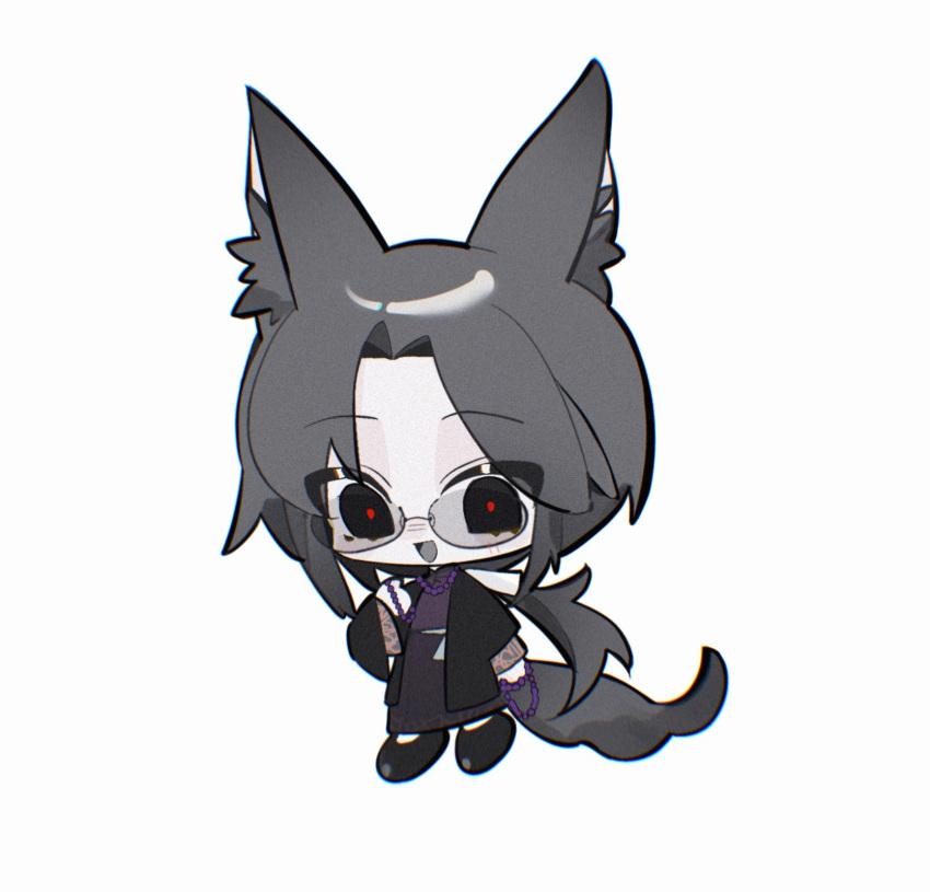 1boy, animal_ear_fluff, animal_ears, bead_necklace, beads, black_eyes, black_footwear, black_hair, black_jacket, chromatic_aberration, coat, film_grain, helly_(helly56956), highres, huai_yunqing, jacket, jewelry, long_hair, long_sleeves, male_focus, necklace, open_clothes, open_jacket, open_mouth, prayer_beads, purple_coat, red_pupils, simple_background, solo, sunglasses, tail, touqi_guaitan, white_background, wolf_boy, wolf_ears, wolf_tail