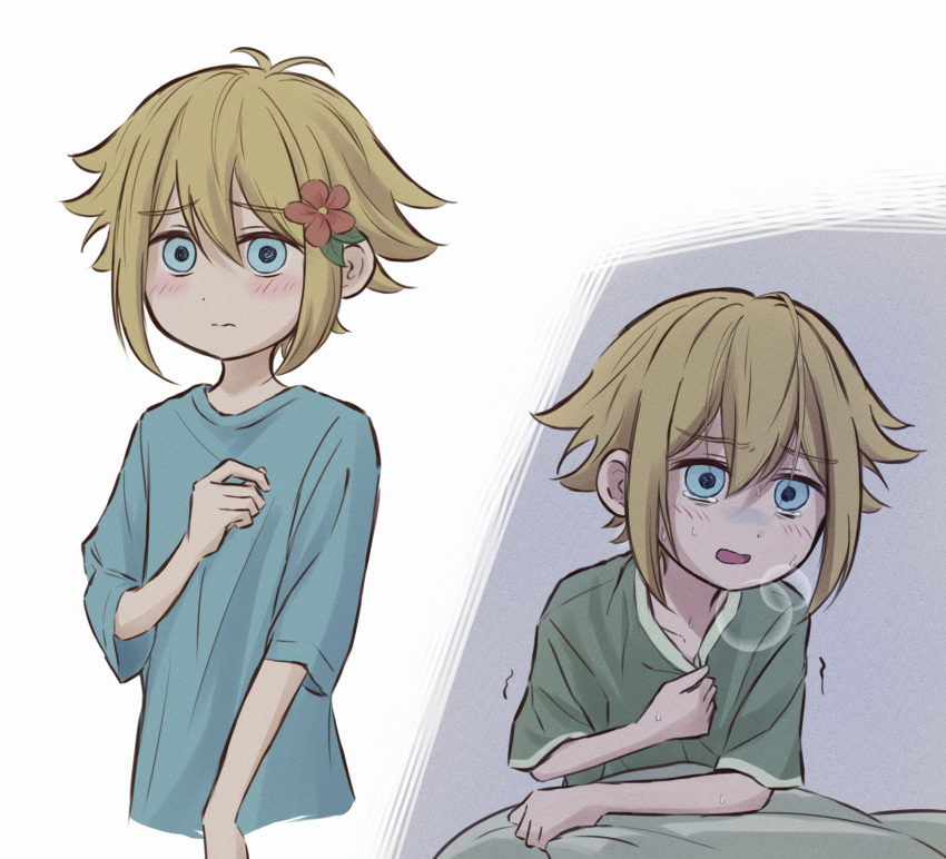 1boy, antenna_hair, basil_(faraway)_(omori), basil_(omori), blonde_hair, blue_eyes, blue_shirt, blush