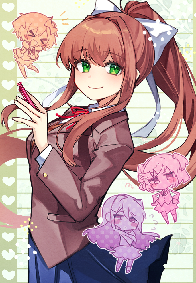 >_<, 4girls, :d, blue_skirt, blush, bow, brown_hair, chibi, closed_mouth, doki_doki_literature_club, flying_sweatdrops, green_eyes, hair_bow, hair_ornament, long_hair, long_sleeves, mechanical_pencil, monika_(doki_doki_literature_club), multiple_girls, natsuki_(doki_doki_literature_club), open_mouth, pencil, ponytail, sayori_(doki_doki_literature_club), school_uniform, short_hair, skirt, smile, tsumikitsuki_(katsuobushi), x_hair_ornament, xd, yuri_(doki_doki_literature_club)