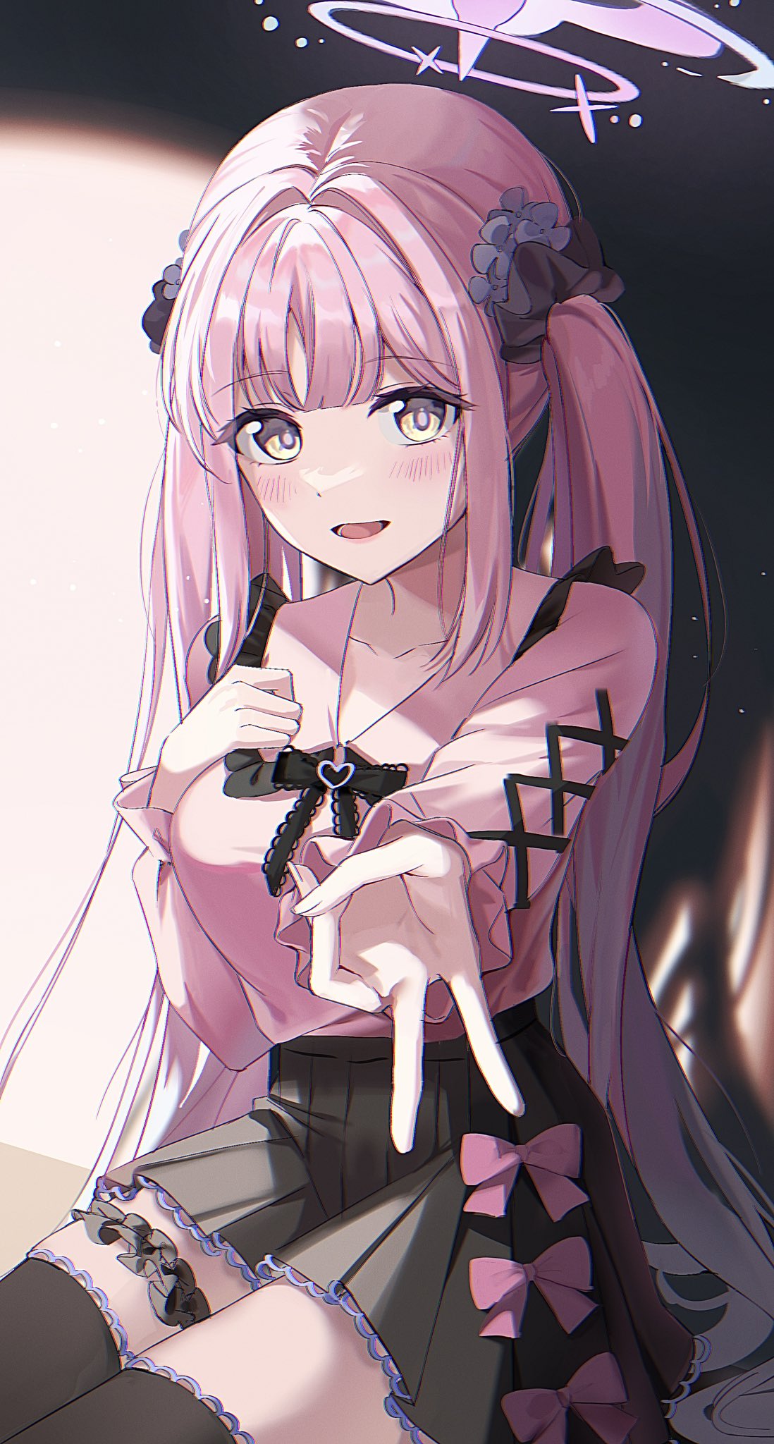 1girl, :d, alternate_costume, black_ribbon, black_scrunchie, black_skirt, black_thighhighs, blue_archive