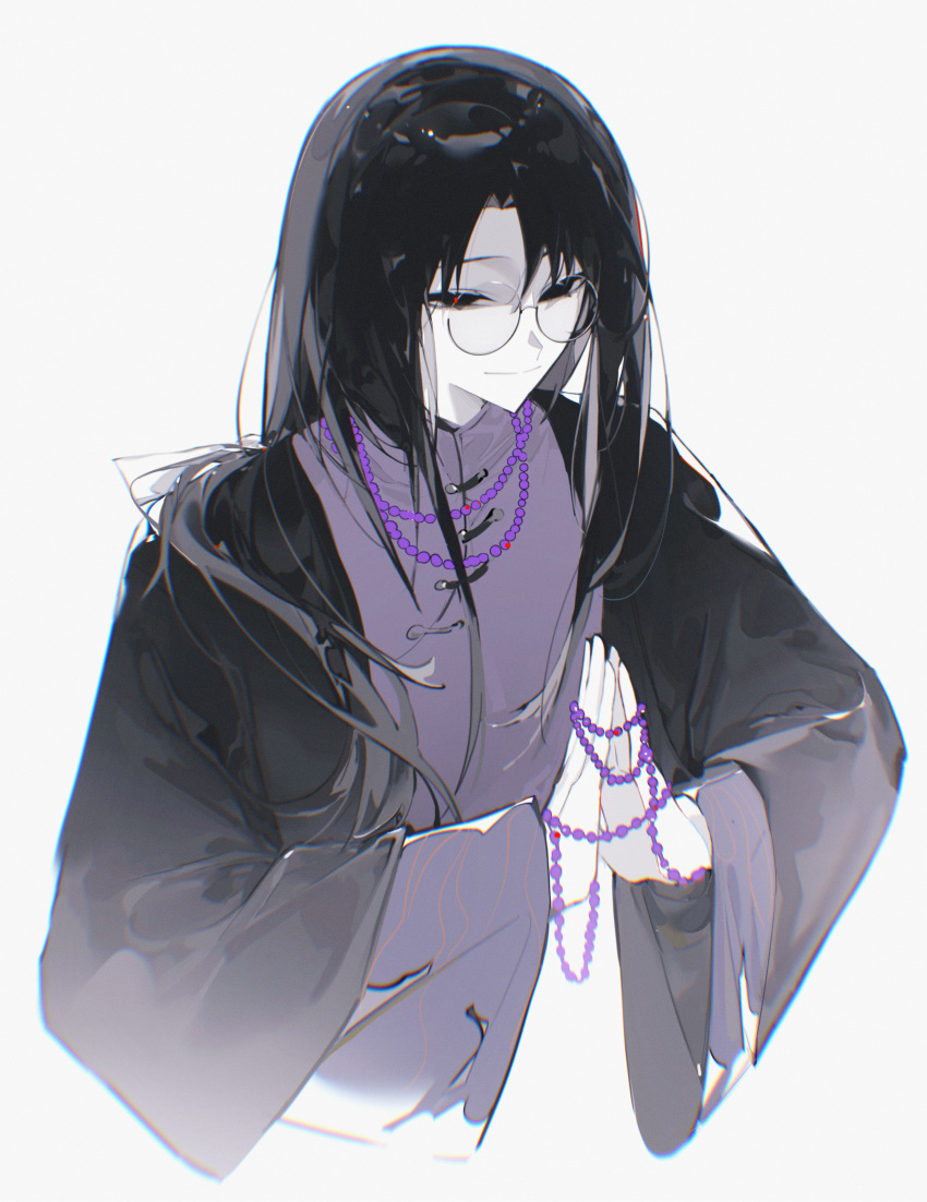 1boy, absurdres, bead_necklace, beads, black_eyes, black_hair, black_jacket, chromatic_aberration, closed_mouth, colored_skin, cropped_torso, film_grain, helly_(helly56956), highres, huai_yunqing, jacket, jewelry, long_hair, male_focus, mandarin_collar, necklace, open_clothes, open_jacket, prayer_beads, purple_shirt, round_eyewear, shirt, simple_background, smile, solo, steepled_fingers, touqi_guaitan, white_background, white_skin, wide_sleeves