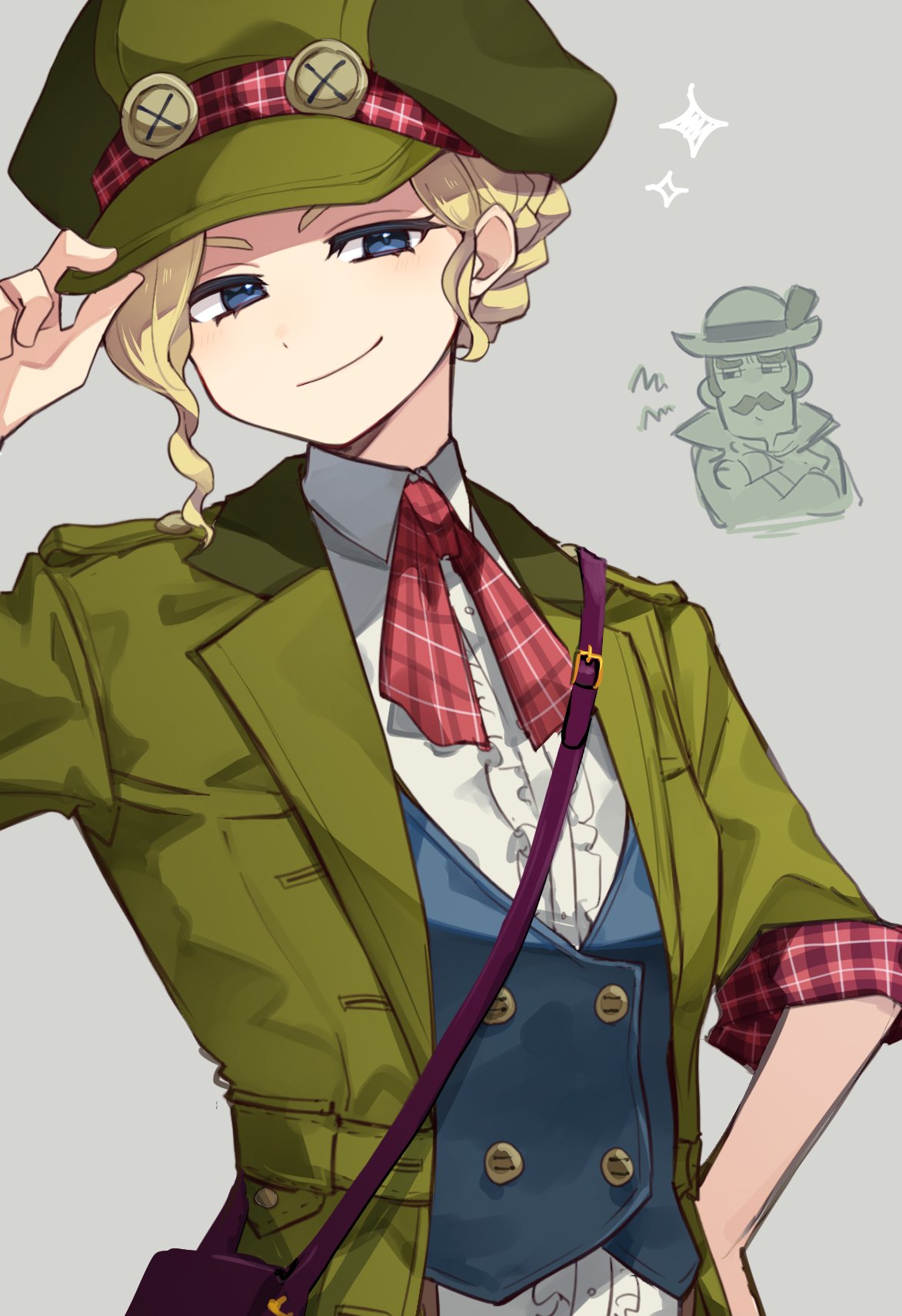 1boy, 1girl, ace_attorney, adjusting_clothes, adjusting_headwear, blonde_hair, blue_eyes, closed_mouth