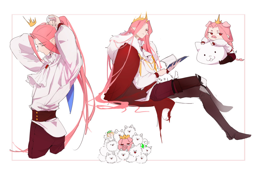 2boys, absurdres, adjusting_hair, androgynous, animal_ears, animification, arms_up, ascot, bishounen, book, boots, border, braid, cameo, cape, chibi, closed_eyes, commentary, corset, crossed_legs, crown, dog, dream_(youtuber), dream_(youtuber)_(blob), dream_smp, floof_(technoblade), formal, frills, from_side, fur-trimmed_cape, fur_trim, gem, highres, holding, holding_book, humanization, long_hair, long_sleeves, looking_at_viewer, male_focus, minecraft_youtube, multiple_boys, multiple_views, pants, ph1lza, pig, pig_boy, pig_ears, pig_nose, pink_border, pink_hair, pointy_ears, ponytail, red-akkako, red_cape, red_eyes, red_gemstone, red_pants, shirt, simple_background, single_braid, sitting, standing, symbol-only_commentary, technoblade, thigh_boots, very_long_hair, white_ascot, white_background, white_dog, white_shirt