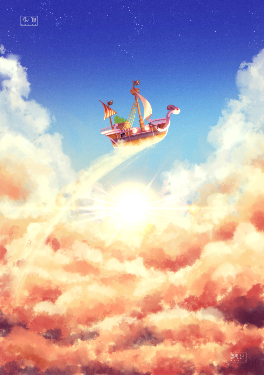 absurdres, boat, clouds, english_commentary, flag, flying, going_merry, highres