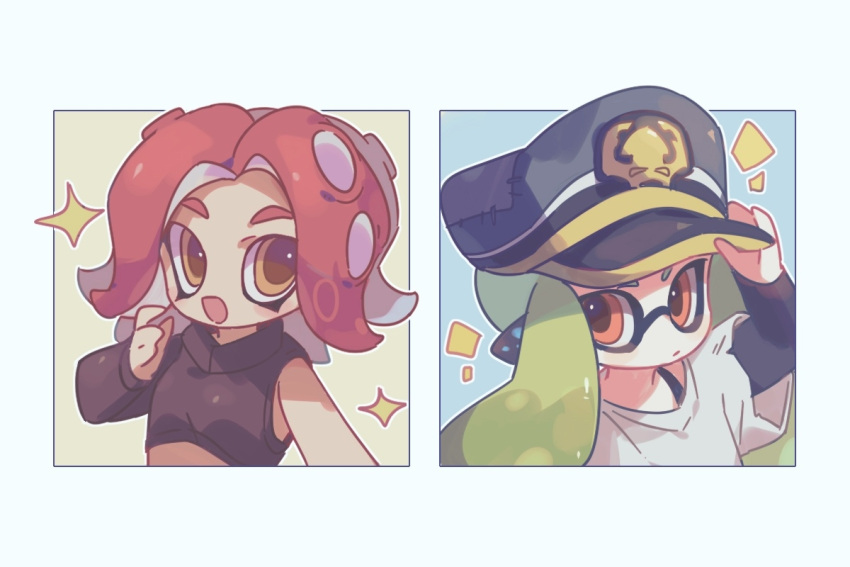 2girls, :/, :d, adjusting_clothes, adjusting_headwear, agent_3_(splatoon), agent_8_(splatoon), arm_up