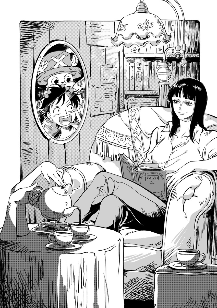 1girl, 2boys, antlers, biscuit_(bread), blunt_bangs, book, bookshelf, closed_mouth