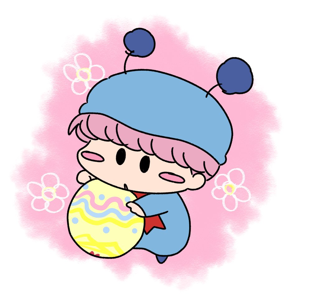 1boy, blue_hat, blue_pajamas, blunt_bangs, blush_stickers, commentary_request, egg, full_body, hat, holding, holding_egg, male_focus, mini_person, miniboy, mirumo_de_pon!, murumo, neck_ribbon, pajamas, pink_hair, red_ribbon, ribbon, solid_oval_eyes, solo, sorakami_izumo