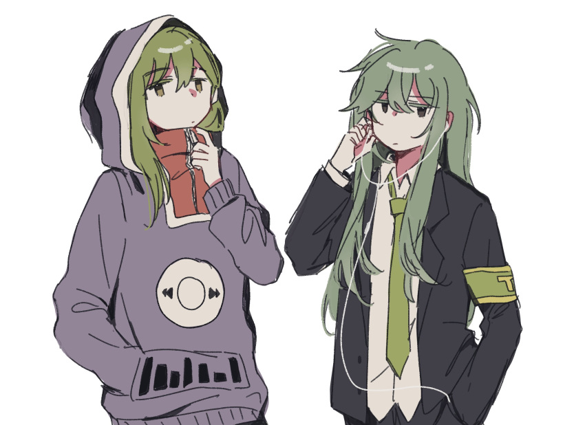 1boy, 1girl, black_jacket, collared_shirt, commentary, cosplay, green_necktie, headphones, highres, hood, hood_up, hoodie, jacket, kagerou_project, keicorporationz, kido_tsubomi, kido_tsubomi_(cosplay), lobotomy_corporation, look-alike, looking_at_viewer, necktie, netzach_(project_moon), netzach_(project_moon)_(cosplay), project_moon, purple_hoodie, shirt, white_shirt, wing_collar