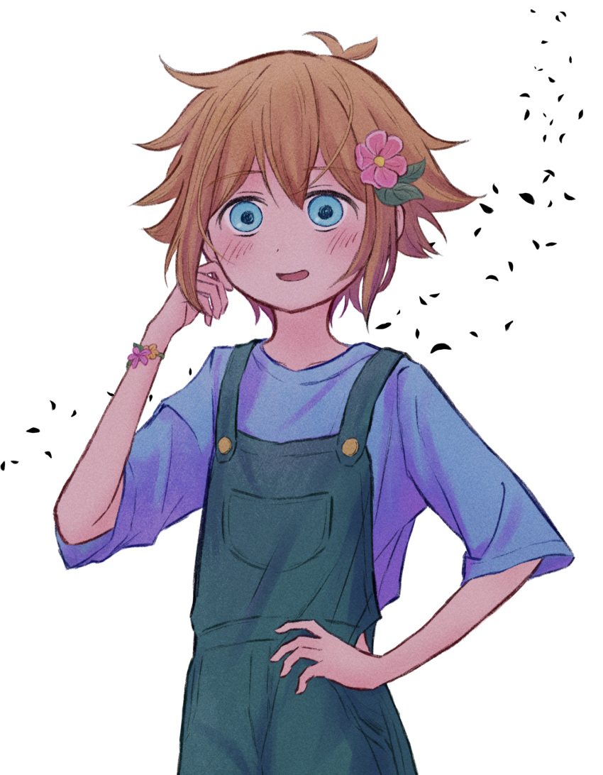 1boy, alternate_costume, basil_(faraway)_(omori), basil_(omori), blonde_hair, blue_eyes, blue_shirt, blush