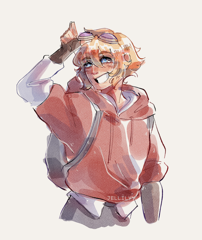 1boy, backpack, bag, blonde_hair, blue_eyes, blush, borrowed_design, brown_gloves