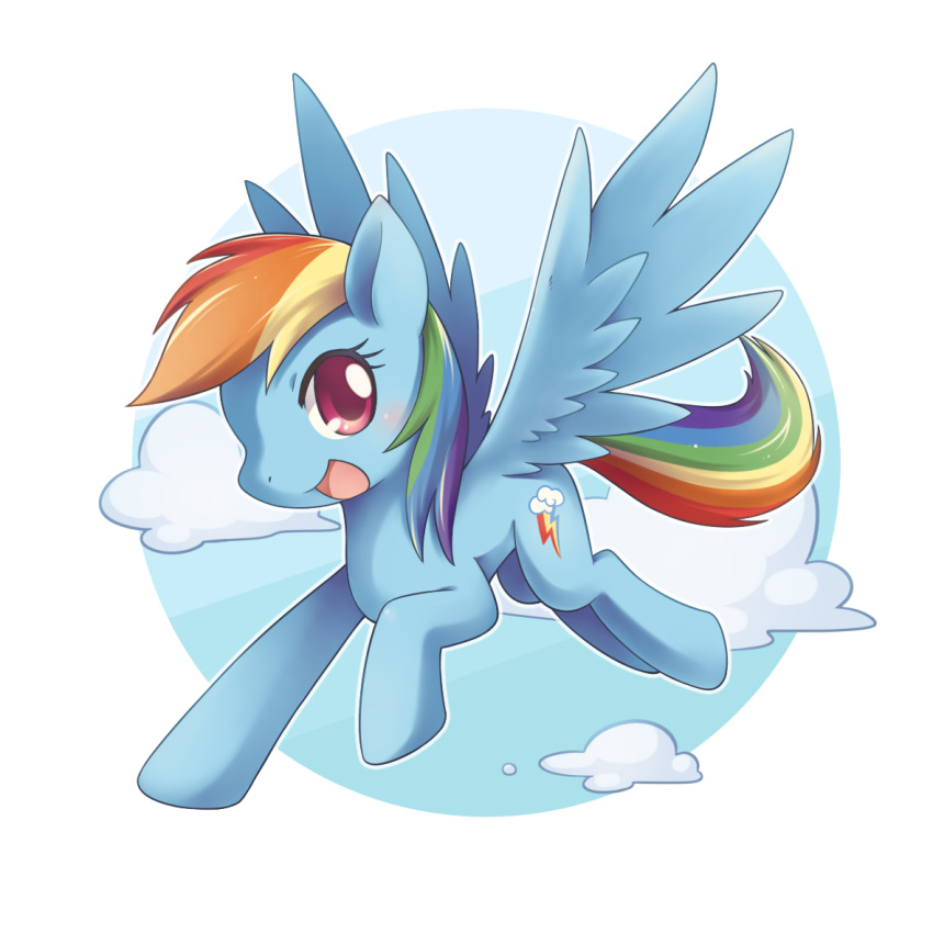 animal, animal_focus, blush, clouds, commentary, cutie_mark, feathered_wings, full_body