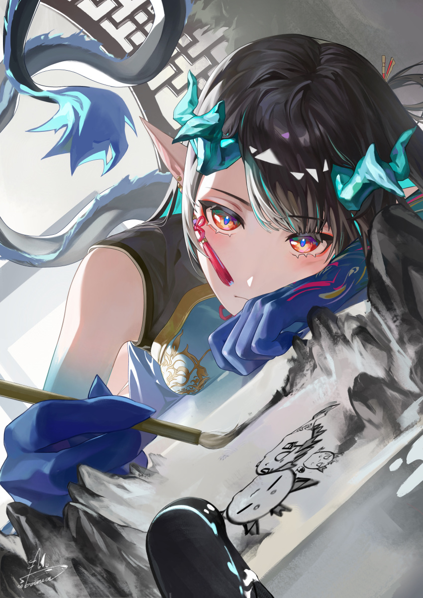 1girl, 1other, absurdres, arknights, artist_name, bitey_(arknights), black_hair, blue_hair