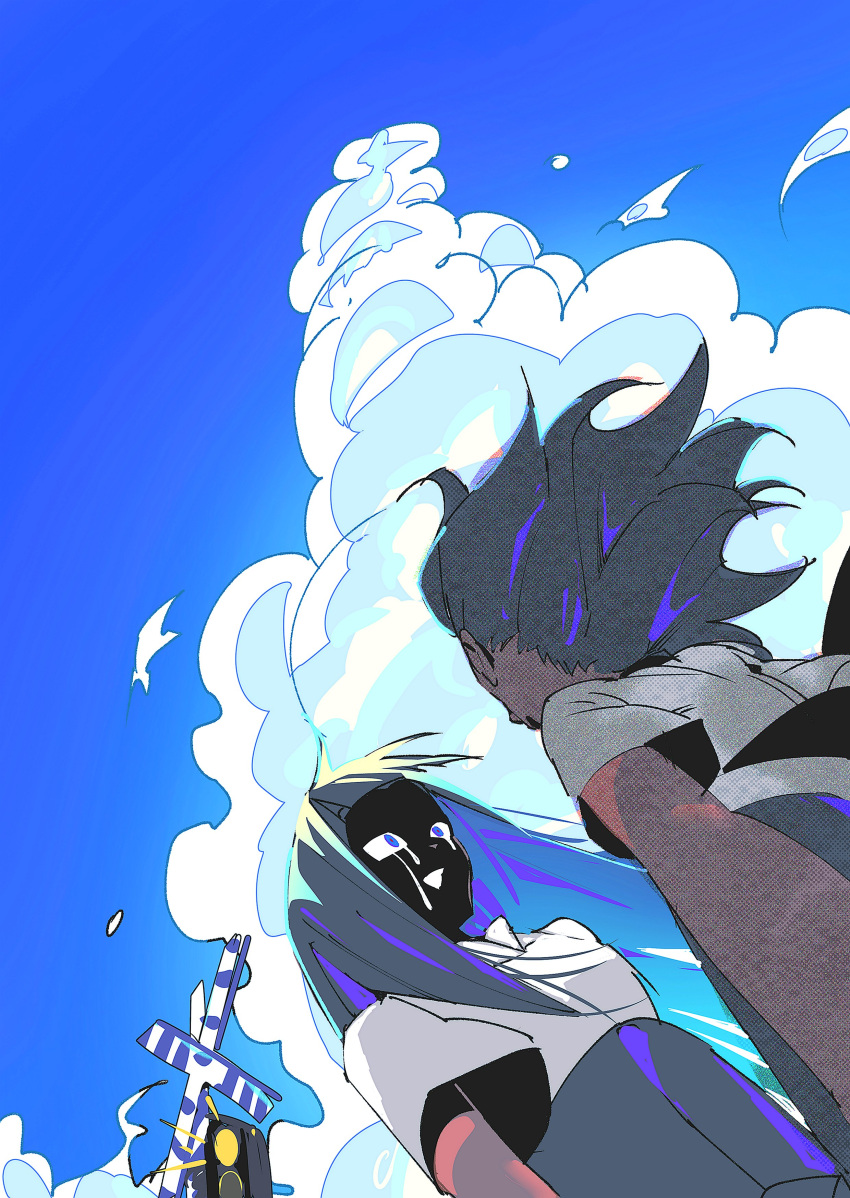 2girls, absurdres, black_hair, blue_eyes, blue_sky, clouds, crying, floating_hair, highres, long_hair, multiple_girls, ninjin_(ninjin20417113), open_mouth, railroad_crossing, shaded_face, shirt, short_sleeves, shoujo_rei_(vocaloid), sidelocks, sky, smile, upper_body, very_long_hair, white_shirt, wind