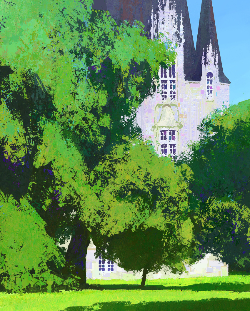absurdres, anthony_brault, blue_sky, building, bush, church, day, grass