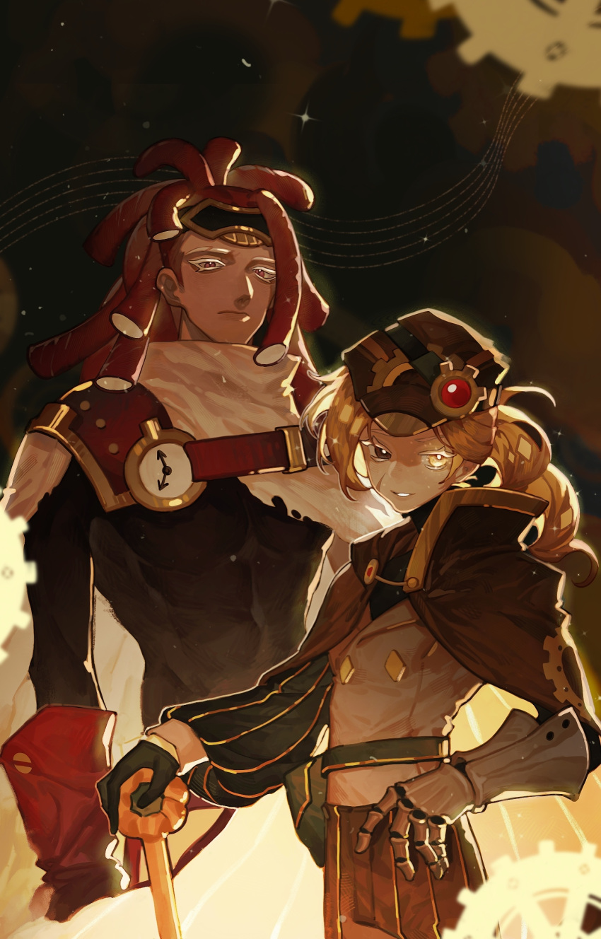 1boy, 1girl, analogous_colors, androgynous, armor, asymmetrical_bangs, asymmetrical_clothes, asymmetrical_sleeves, behind_another, belt, blending, bloom, bozi_(labochushi), bright_pupils, brown_background, brown_capelet, brown_hat, brown_pants, brown_theme, cane, cape, capelet, closed_mouth, cookie_run, cowboy_shot, croissant_cookie, croissant_cookie_(director_of_the_tbd), dark-skinned_male, dark_skin, downturned_eyes, dreadlocks, eyebrow_cut, eyewear_on_head, flat_chest, gauntlets, gears, gloves, glowing, glowing_eye, gradient_background, green_belt, hand_on_cane, hat, heterochromia, highres, humanization, long_hair, long_sleeves, looking_at_viewer, looking_to_the_side, mismatched_eyebrows, mismatched_sleeves, pants, parted_lips, pauldrons, ponytail, prosthesis, puffy_long_sleeves, puffy_sleeves, red_gloves, redhead, scar, scar_on_cheek, scar_on_face, sepia, serious, shoulder_armor, side_cape, sidelighting, sideways_glance, single_pauldron, skindentation, sleeve_cuffs, steampunk, string_gummy_cookie, sweater_guard, teeth, toned, toned_male, vest, white_cape, white_eyelashes, white_pupils, white_vest