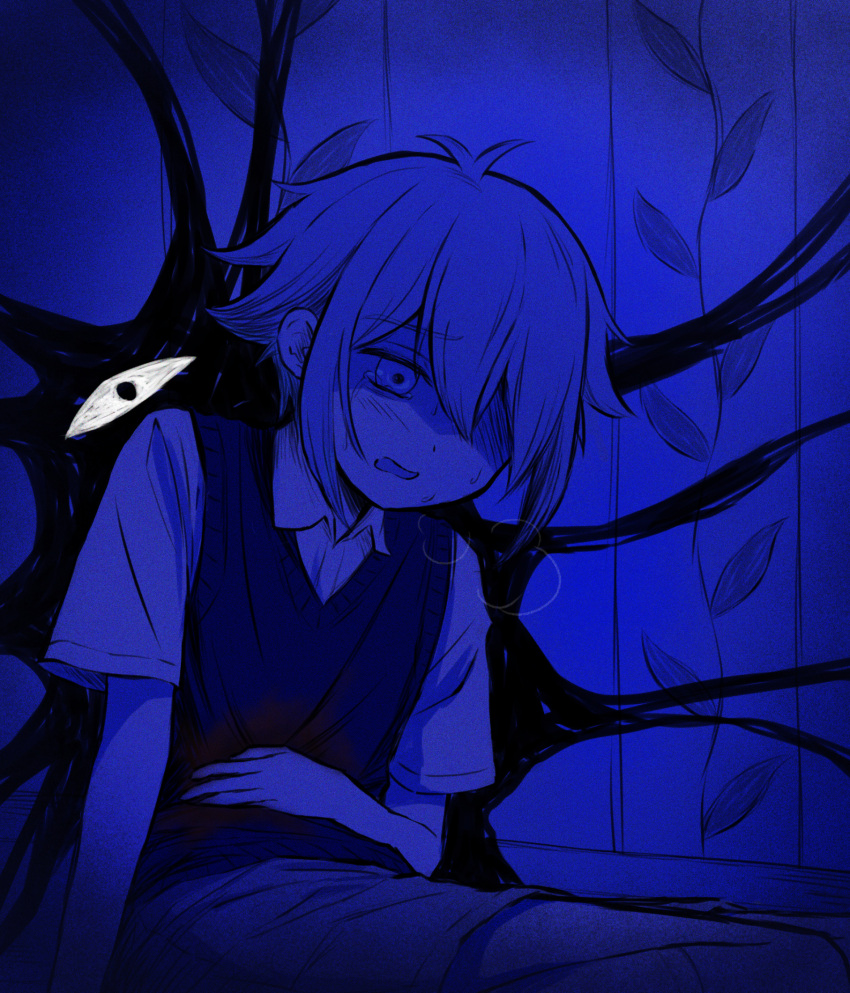 1boy, basil_(faraway)_(omori), basil_(omori), blonde_hair, blood, blood_on_clothes, blue_eyes, blue_theme