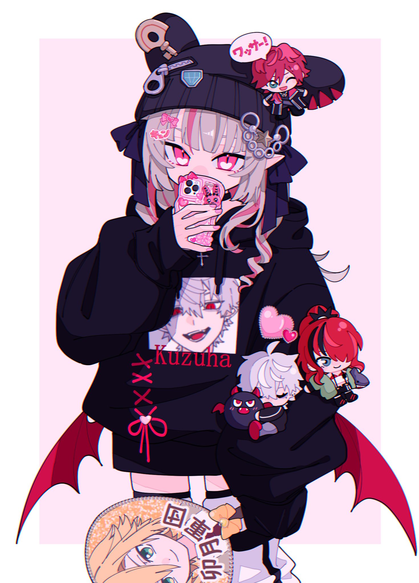 1girl, beads, black_choker, black_hoodie, black_ribbon, blonde_hair, border, buttons, character_doll, character_fan, choker, cowboy_shot, cross, diamond_button, drawstring, hair_ornament, hairpin, hand_fan, heart_button, highres, holding, holding_fan, holding_phone, hood, hoodie, key, kuzuha_(1st_costume)_(nijisanji), kuzuha_(nijisanji), lain_paterson, lain_paterson_(1st_costume), lauren_iroas, lauren_iroas_(1st_costume), leg_warmers, long_sleeves, looking_at_viewer, low_wings, makaino_ririmu, multicolored_hair, nasi_w2, nijisanji, oversized_clothes, phone, pink_background, pink_eyes, pink_hair, pink_nails, pink_ribbon, print_hoodie, red_wings, ribbon, sleeves_past_fingers, sleeves_past_wrists, slit_pupils, solo, streaked_hair, uzuki_kou, uzuki_kou_(1st_costume), virtual_youtuber, white_border, white_leg_warmers, wings, yellow_ribbon, zipper, zipper_pull_tab