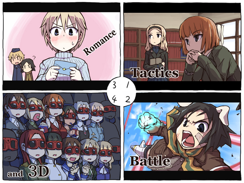 3d_glasses, 4koma, 6+girls, ?, aleksandra_i_pokryshkin, animal_ears, black_hair, blonde_hair