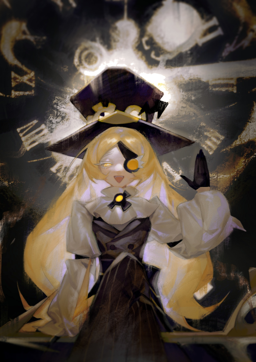 1girl, :d, absurdres, alternate_skin_color, arms_at_sides, ascot, backlighting, black_background