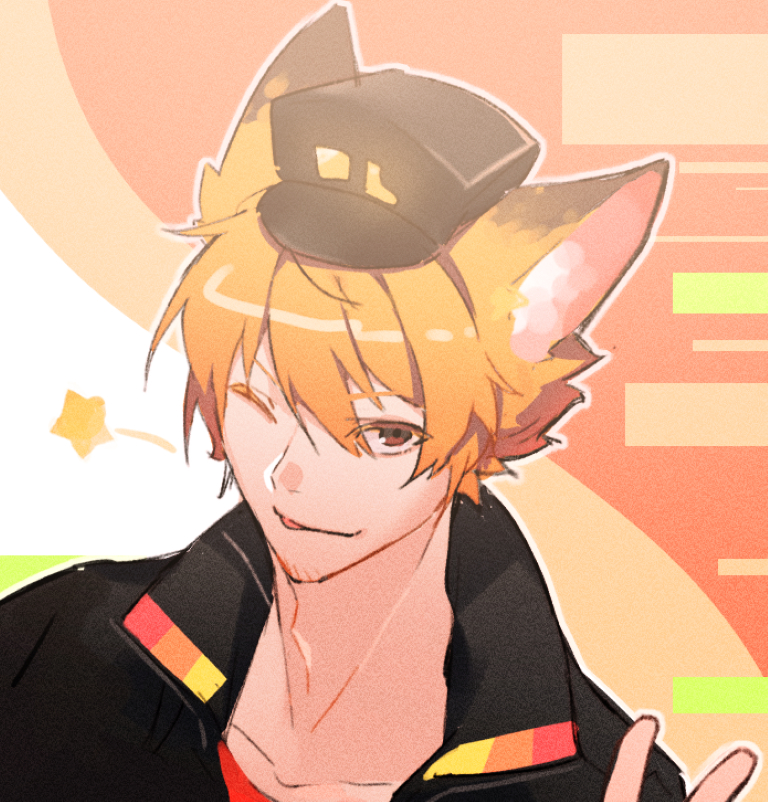 1boy, abstract_background, animal_ears, beard_stubble, black_hat, black_jacket, brown_eyes, commentary, damelives, dream_smp, facial_hair, fox_boy, fox_ears, fundy_(youtuber), hat, humanization, jacket, male_focus, minecraft_youtube, one_eye_closed, orange_hair, short_hair, solo, star_(symbol), stubble, tongue, tongue_out, v