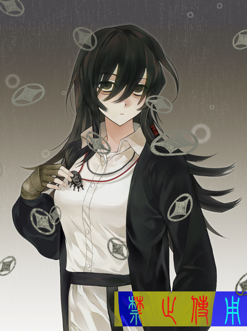 1girl, absurdres, bandaged_hand, bandages, black_eyes, black_hair, black_jacket, breasts