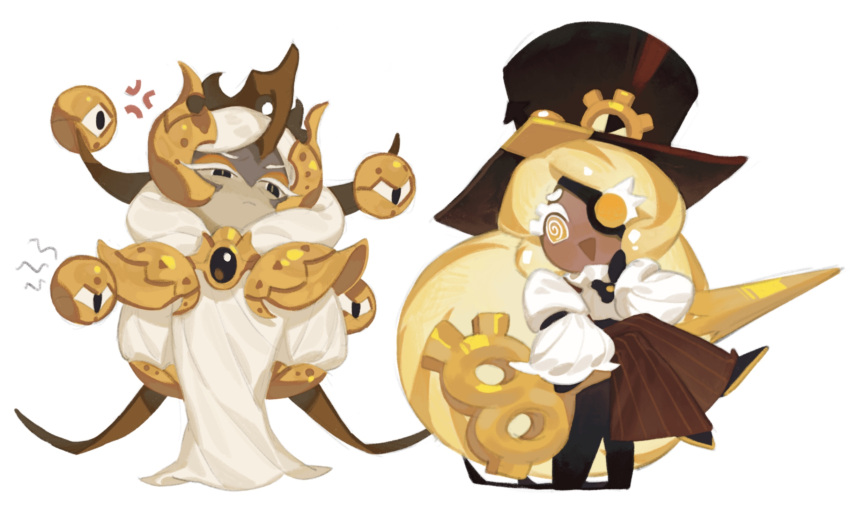 1girl, 1other, :d, anger_vein, arm_at_side, arms_behind_back, black_eyes, black_footwear