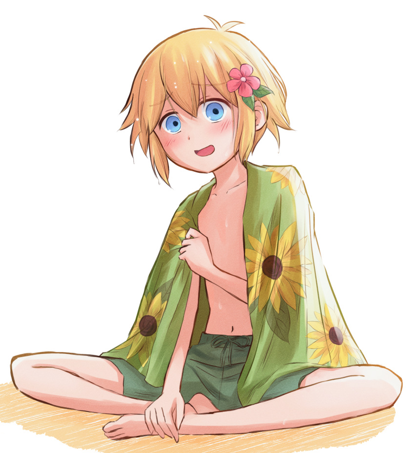 1boy, absurdres, alternate_costume, basil_(faraway)_(omori), basil_(omori), blonde_hair, blue_eyes, blush, collarbone, flower, green_swim_trunks, hair_flower, hair_ornament, highres, indian_style, looking_at_viewer, male_swimwear, navel, omori, open_mouth, segue5o, short_hair, sitting, smile, solo, swim_trunks, topless_male, towel, towel_around_neck, wet, wet_hair