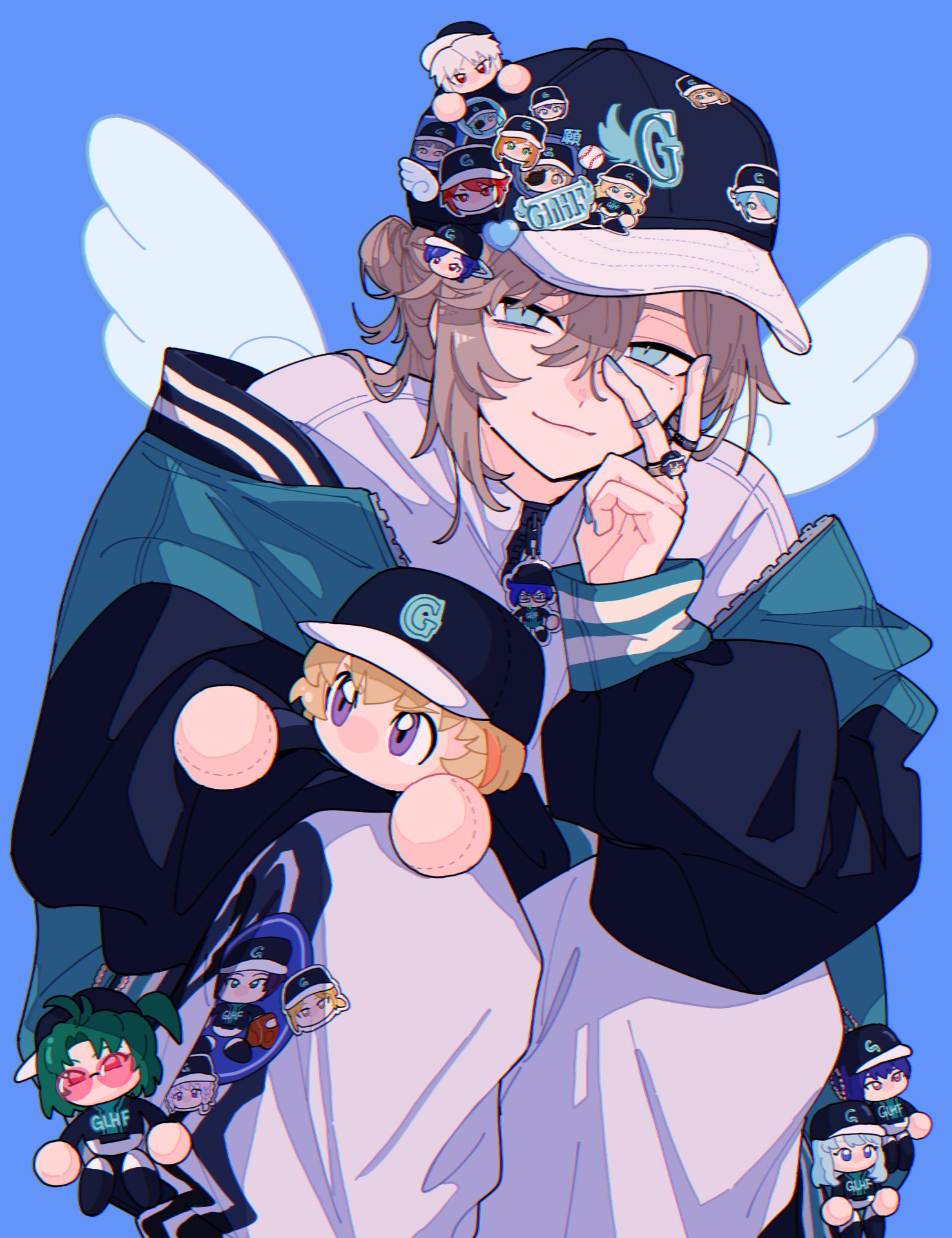 1boy, arm_on_own_leg, baseball_cap, black_hat, black_jacket, blue_background, blue_eyes, blue_jacket