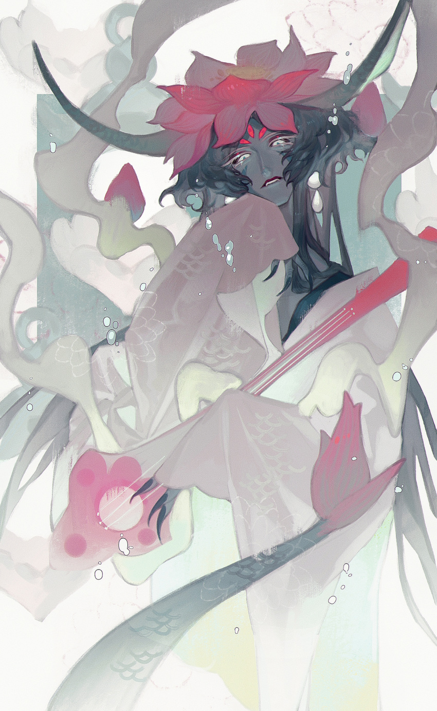 1other, absurdres, aqua_hair, biting_own_lip, black_sclera, bozi_(labochushi), bubble, cloak