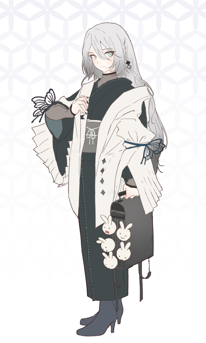 1girl, arm_ribbon, arm_warmers, black_kimono, black_nails, blue_eyes, blue_ribbon, boots