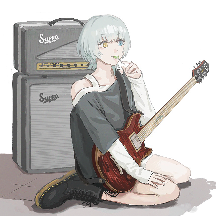 1girl, amplifier, bang_dream!, bang_dream!_it's_mygo!!!!!, black_footwear, black_shirt, blue_eyes, boots, candy, closed_mouth, commentary, electric_guitar, food, food_in_mouth, guitar, hashtag-only_commentary, heterochromia, holding, holding_candy, holding_food, holding_lollipop, instrument, kaname_raana, layered_sleeves, lollipop, long_sleeves, nininikal, on_ground, shirt, short_hair, short_over_long_sleeves, short_sleeves, sitting, solo, white_hair, yellow_eyes