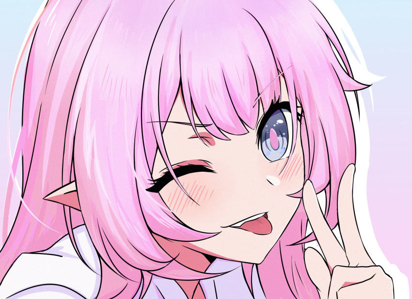 1girl, blue_eyes, chinese_commentary, commentary_request, elf, elysia_(honkai_impact), elysia_(miss_pink_elf)_(honkai_impact), gradient_background