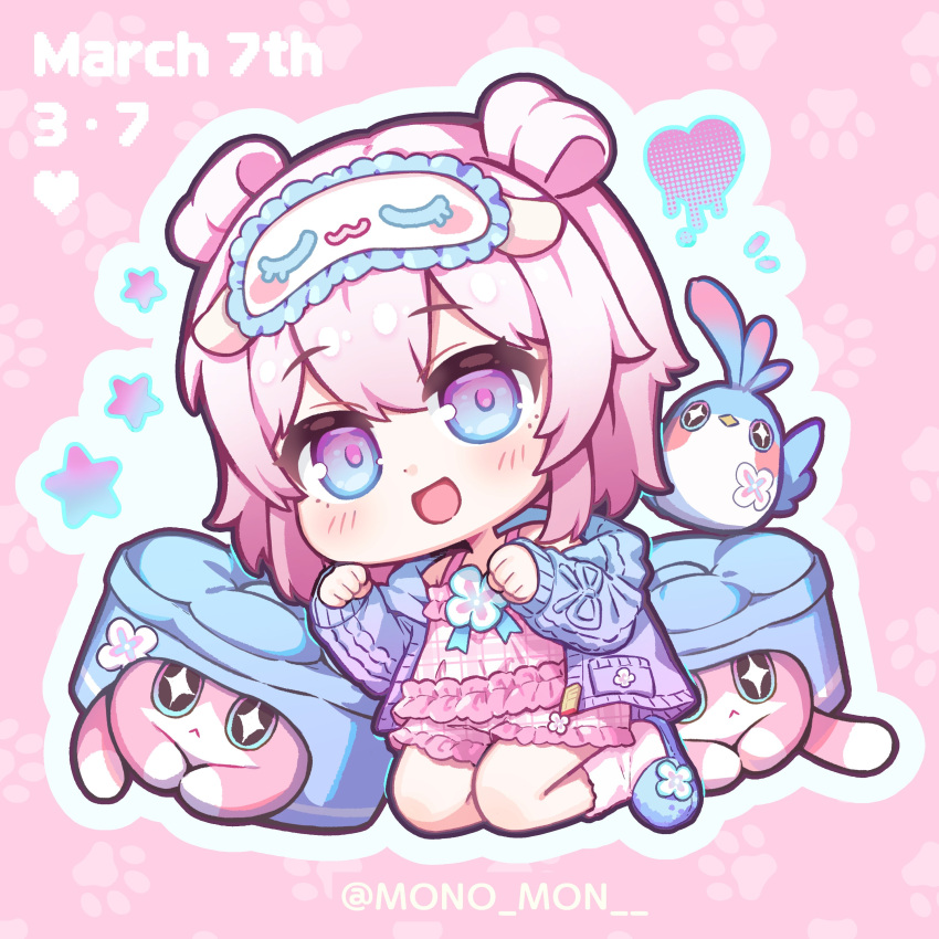 1girl, absurdres, aqua_hair, blue_footwear, character_name, chibi, chibi_only, critter_pick_(honkai:_star_rail), highres, honkai:_star_rail, honkai_(series), jacket, kneeling, looking_at_viewer, march_7th_(honkai:_star_rail), medium_hair, mono_(mono_mon), multicolored_eyes, open_clothes, open_jacket, open_mouth, origami_bird_(honkai:_star_rail), pajamas, pink_background, pink_hair, pink_socks, purple_jacket, simple_background, slippers, smile, socks, solo, twitter_username