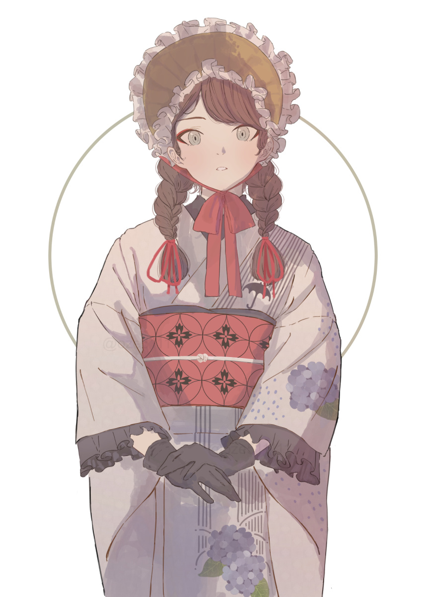 1girl, black_gloves, bonnet, braid, brown_hair, commentary_request, cowboy_shot, eyeshadow