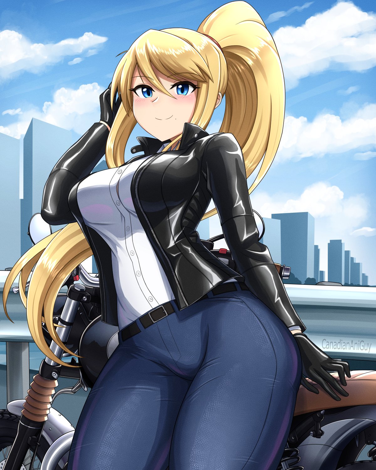 belt, blue_eyes, canadiananiguy, cityscape, day, denim, highres, jacket