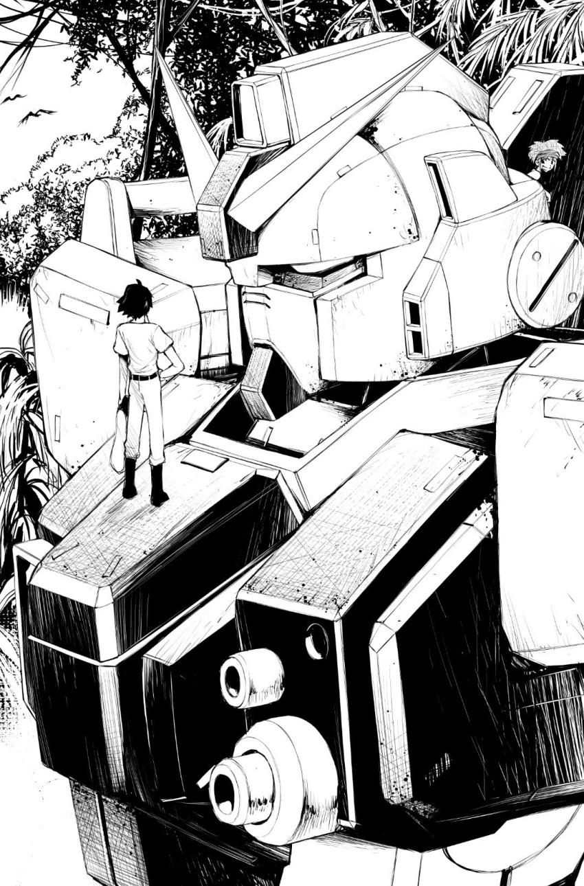 1boy, 1girl, boots, commentary_request, greyscale, grin, ground_gundam, gundam