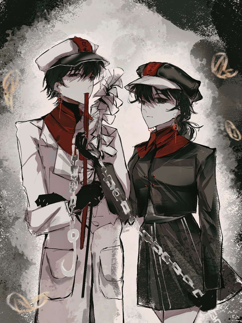 1boy, 1girl, black_eyes, black_gloves, black_hair, black_hat, black_jacket, black_necktie