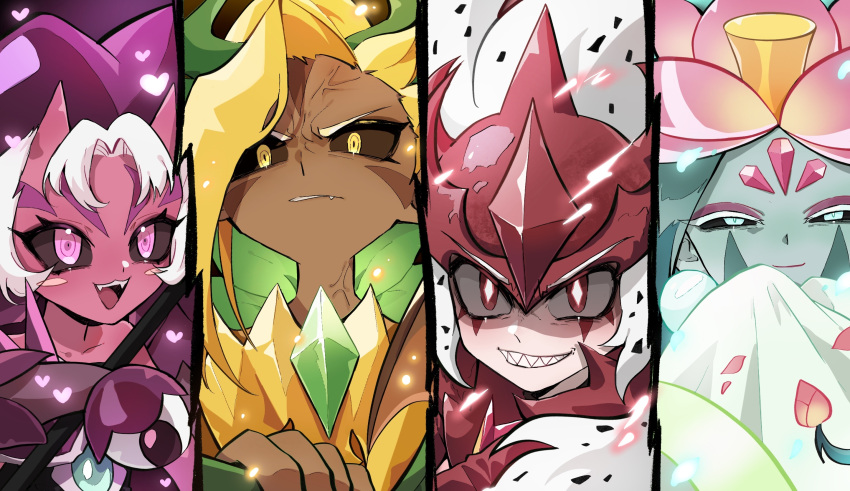 4others, ananas_dragon_cookie, anger_vein, aqua_skin, black_border, black_sclera, blonde_hair, blue_eyes