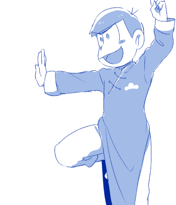 1boy, alternate_costume, antenna_hair, arm_up, blue_theme, blunt_bangs, blush_stickers, changpao