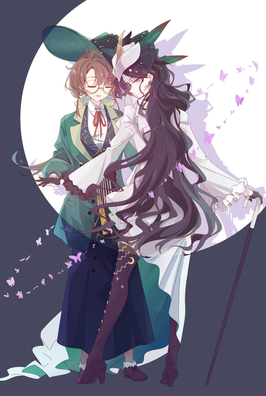 2girls, absurdres, black_gloves, black_hair, black_skirt, boots, brown_footwear, brown_hair, bug, butterfly, cane, closed_eyes, collared_shirt, earrings, feathers, fishnet_veil, frilled_sleeves, frills, from_behind, full_body, glasses, gloves, green_feathers, green_hat, green_jacket, grey_background, grey_hat, grey_jacket, grey_skirt, hat, hat_feather, high-low_skirt, high_heels, highres, holding, holding_cane, holding_hands, isolde_(reverse:1999), jacket, jewelry, kakania_(reverse:1999), long_hair, long_skirt, long_sleeves, looking_at_viewer, low_ponytail, meeeeei, multiple_girls, neck_ribbon, official_alternate_costume, open_mouth, profile, puffy_long_sleeves, puffy_sleeves, purple_butterfly, red_ribbon, reverse:1999, ribbon, round_eyewear, semi-rimless_eyewear, shirt, skirt, smile, spotlight, standing, thigh_boots, turning_head, under-rim_eyewear, veil, very_long_hair, violet_eyes, white_gloves, white_shirt, yuri
