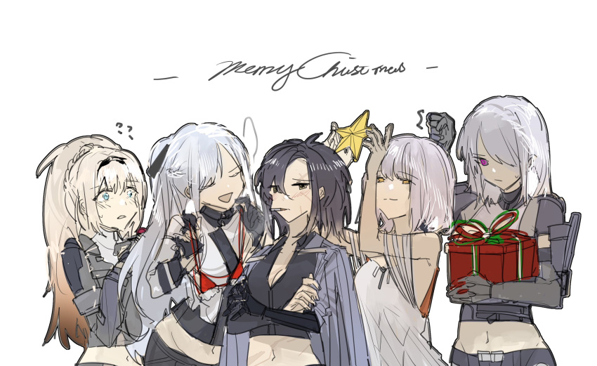 5girls, ak-12_(girls'_frontline), ak-15_(girls'_frontline), ak-15_(mod3)_(girls'_frontline), an-94_(girls'_frontline), an-94_(mod3)_(girls'_frontline), angelia_(girls'_frontline), black_eyes, black_hair, blonde_hair, blue_eyes, blueblossom, box, christmas, cigarette, closed_eyes, crossed_arms, defy_(girls'_frontline), dress, gift, gift_box, girls_frontline, grey_hair, hairband, highres, holding, holding_cigarette, holding_gift, long_hair, long_sleeves, mechanical_legs, merry_christmas, midriff, multiple_girls, navel, ponytail, rpk-16_(girls'_frontline), scar, scar_on_face, short_hair, single_mechanical_leg, star_(symbol), violet_eyes, white_dress, yellow_eyes