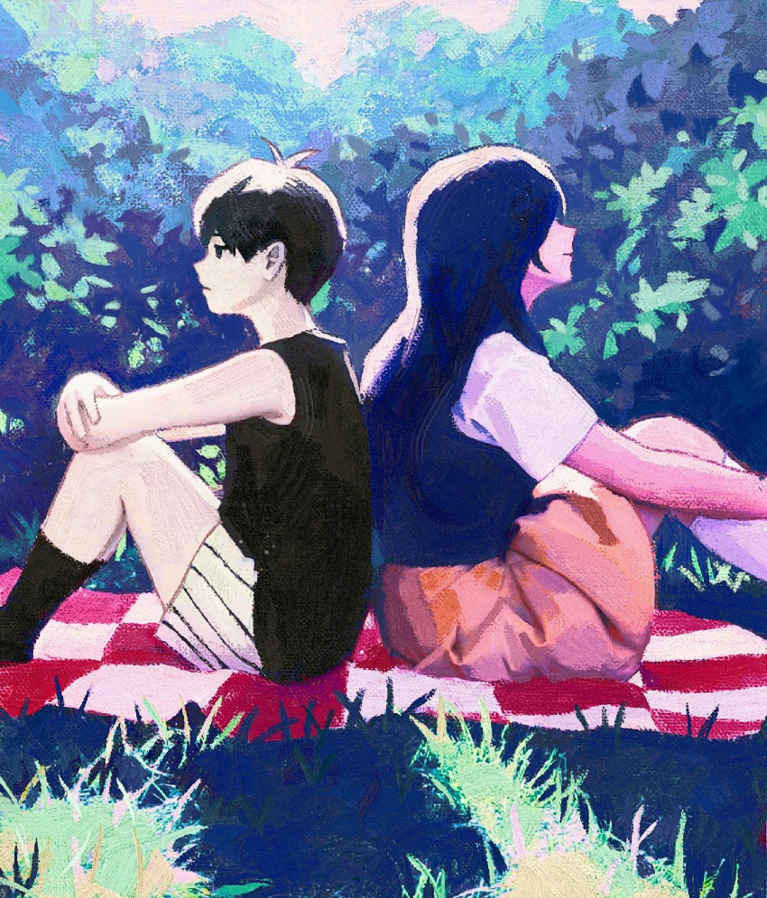 1boy, 1girl, antenna_hair, back-to-back, bare_arms, bare_shoulders, black_eyes, black_hair