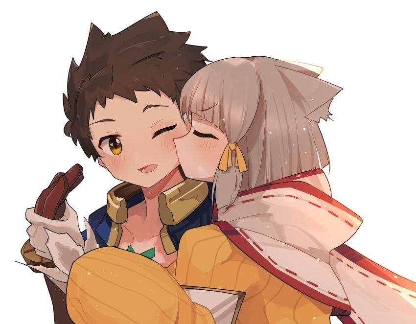1boy, 1girl, animal_ears, brown_eyes, brown_gloves, brown_hair, cat_ears, cat_girl