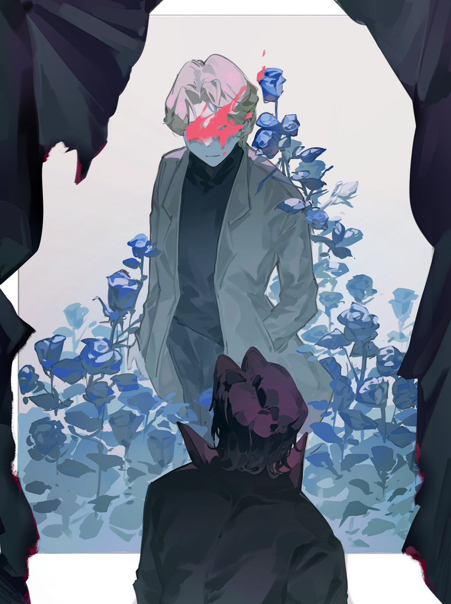 2boys, black_coat, black_curtains, black_hair, black_pants, black_shirt, blonde_hair, blue_flower