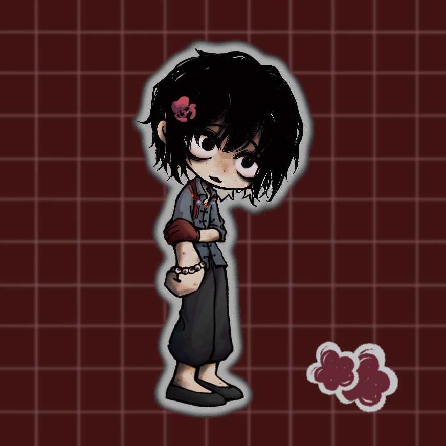 1boy, :3, black_hair, black_pants, blue_shirt, bracelet, chinese_commentary, cijiu979